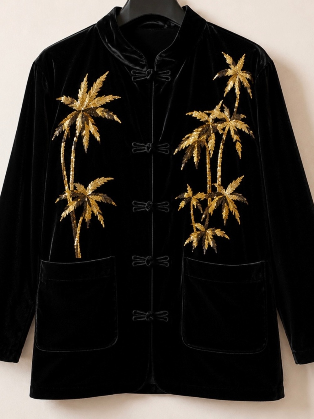 Ross & Kane Black Silk Velvet Jacket Gold Beaded Palm Trees Frog Closure NWT